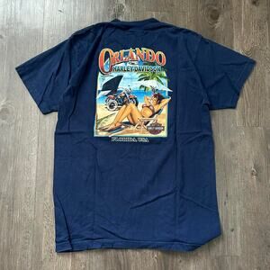 Y2K Harley Davidson Orlando Florida Surfboard Pinup Girl Blue Tee. Sz M